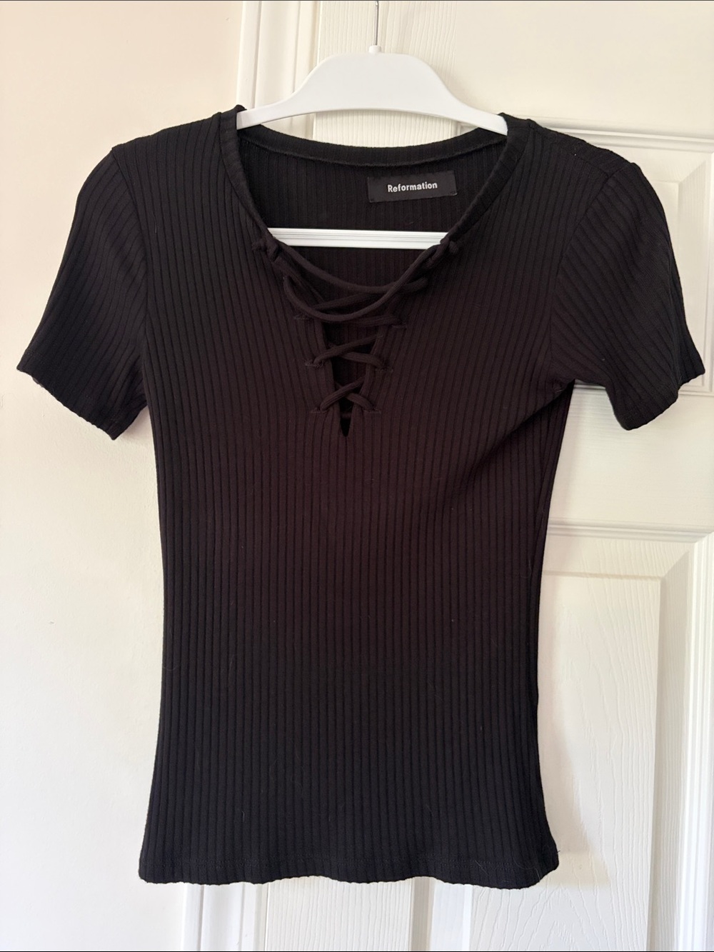 Reformation Black Ribbed Lace-Up Short Sleeve Tee